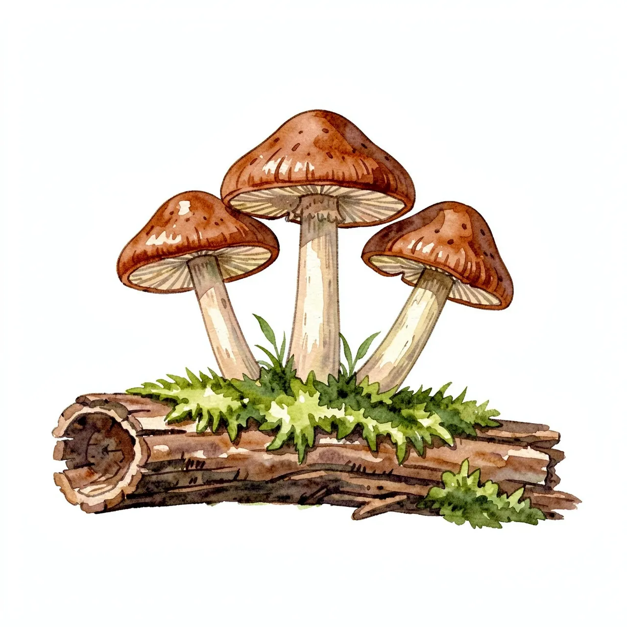 Watercolor illustration of three brown mushrooms growing from a mossy decaying log on a plain white background