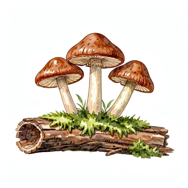Watercolor illustration of three brown mushrooms growing from a mossy decaying log on a plain white background