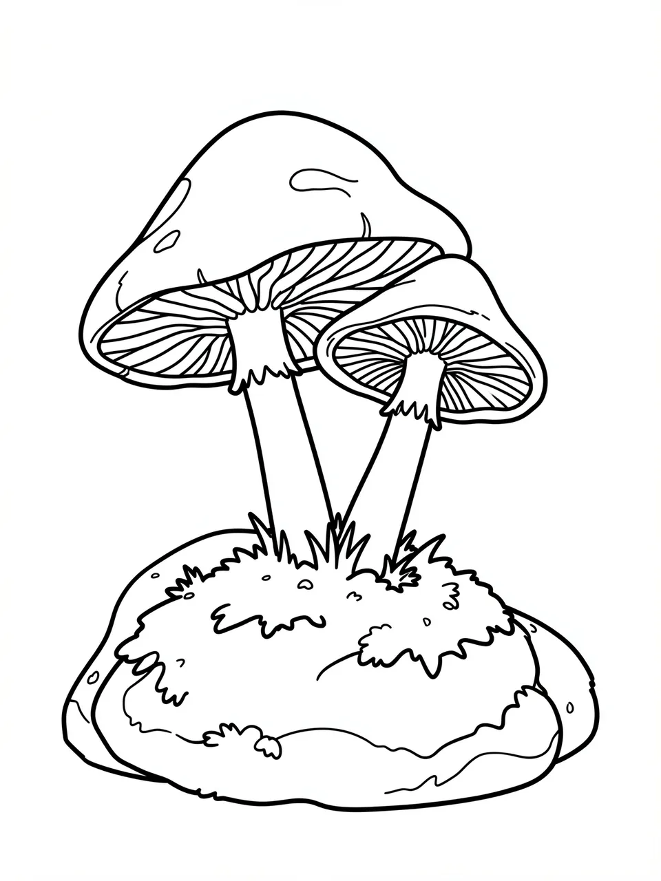 Black and white bold line art of two mushrooms growing from a mossy stone on a plain white background