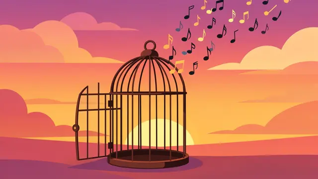 Colorful music notes fly out of an open vintage birdcage against a gradient sunset sky