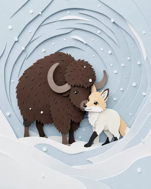 Layered paper cut illustration of a musk ox standing beside an arctic fox in a swirling snowstorm