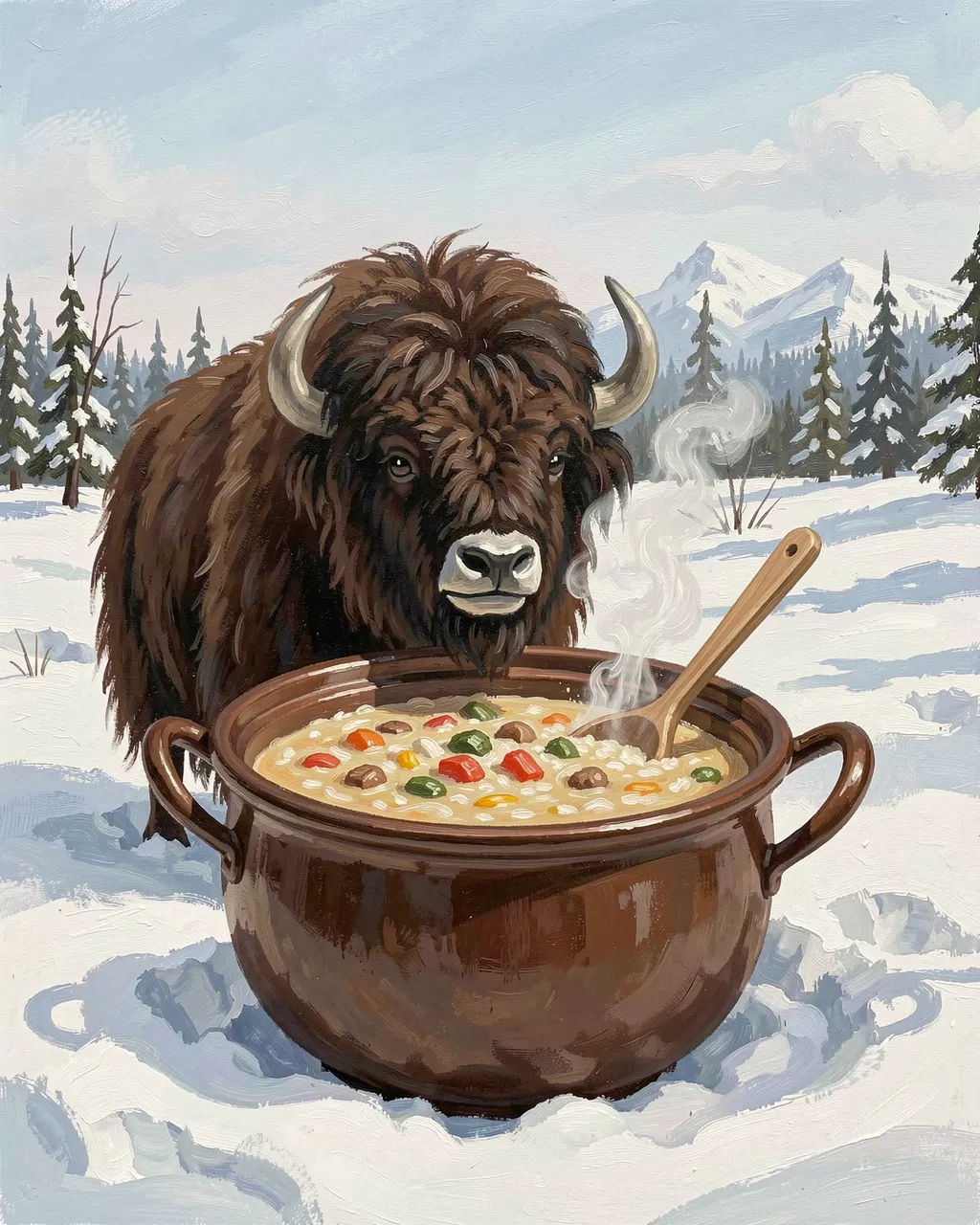 A gouache painting of a musk ox standing behind a steaming pot of porridge on a snowy arctic tundra