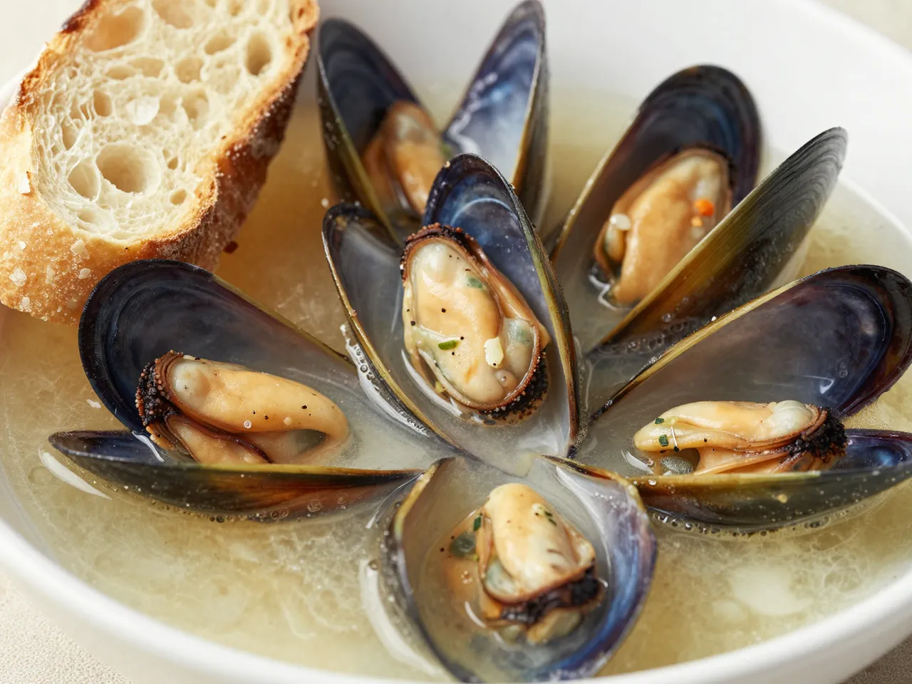 A bowl of cooked mussels in garlic white wine broth served with a slice of crusty baguette