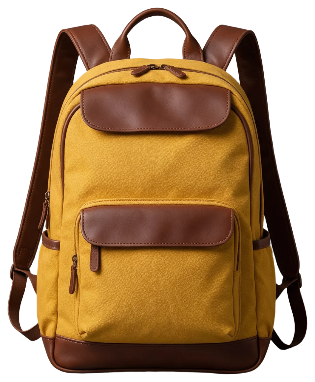 Standing mustard yellow canvas backpack with brown leather straps and trim