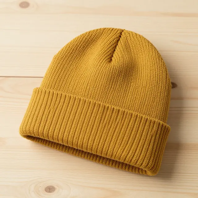 A folded cuff mustard yellow knit beanie rests flat on a light pine wooden surface