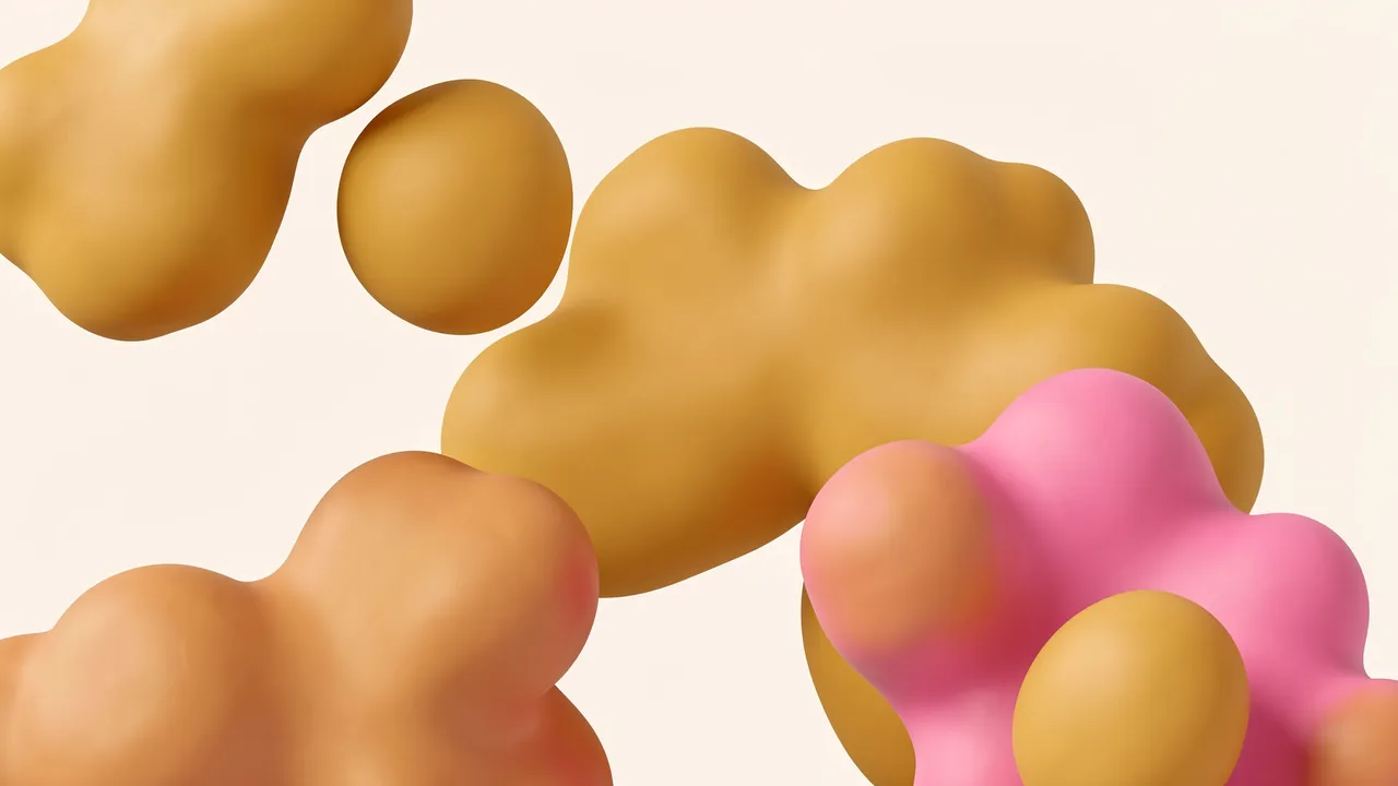 Smooth rounded 3D organic blobs in mustard golden yellow and soft pink rest against a pale cream background