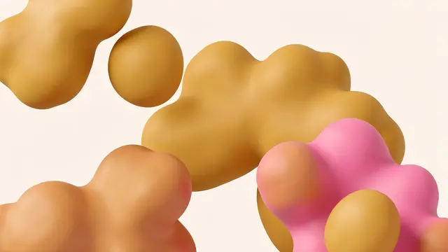 Smooth rounded 3D organic blobs in mustard golden yellow and soft pink rest against a pale cream background