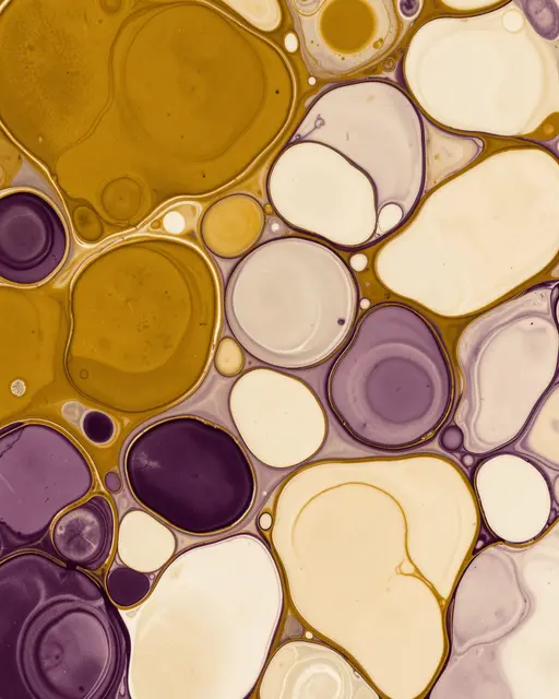 Abstract fluid art with large rounded cells in mustard, plum, and soft cream tones