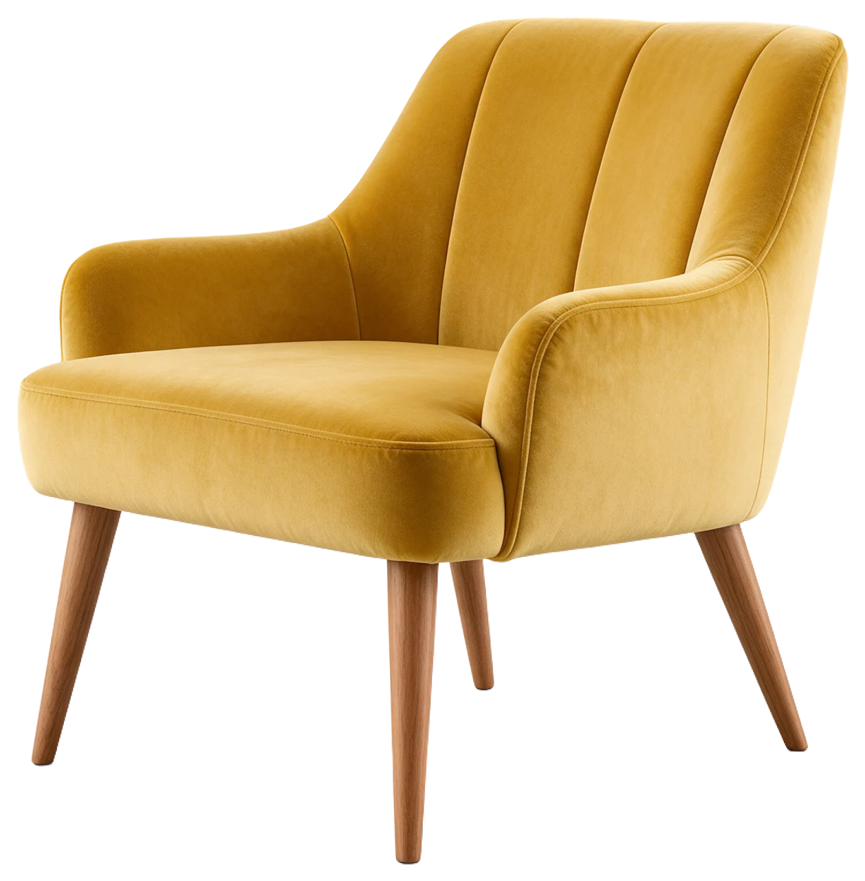 Three-quarter view of a modern mustard-yellow velvet armchair with slim wooden legs