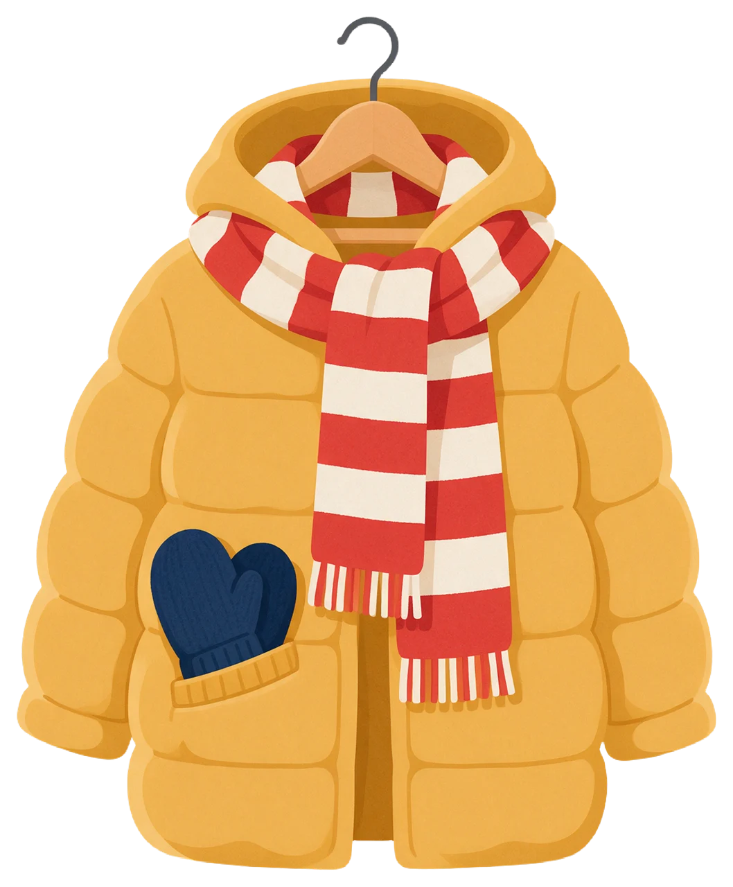 Puffy mustard yellow winter coat on a wooden hanger with a striped scarf and navy mittens in its pocket