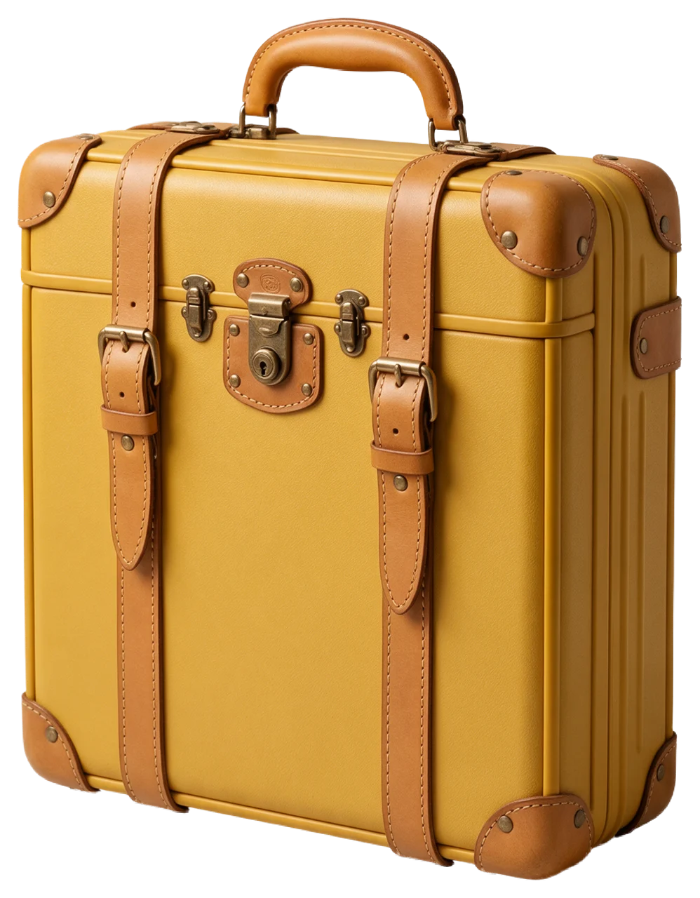 Upright three-quarter view of a mustard yellow retro hard-shell suitcase with tan leather hardware