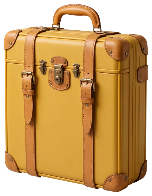 Upright three-quarter view of a mustard yellow retro hard-shell suitcase with tan leather hardware