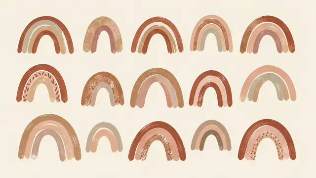 Hand-painted irregular boho rainbows arranged in rows on a soft cream background