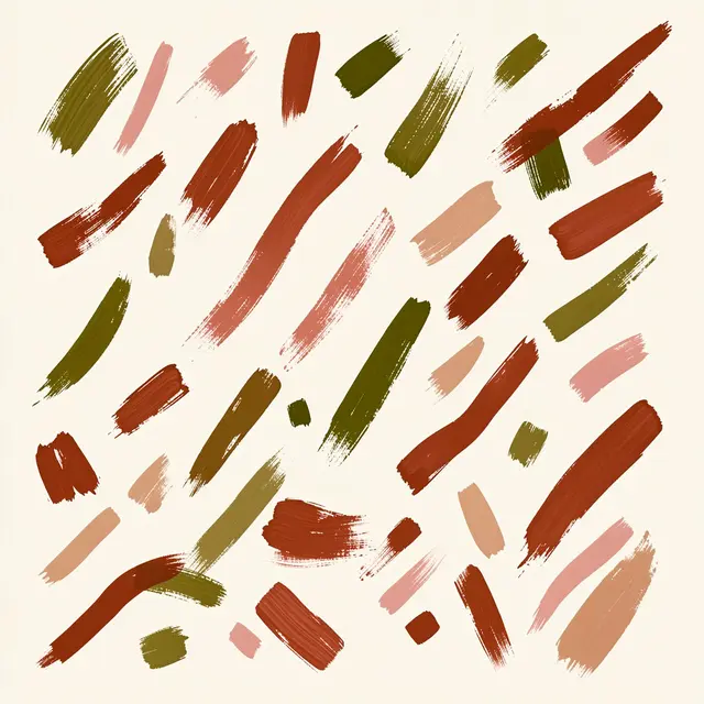 Scattered irregular hand-painted brush strokes in olive, rust and blush tones on a soft cream base