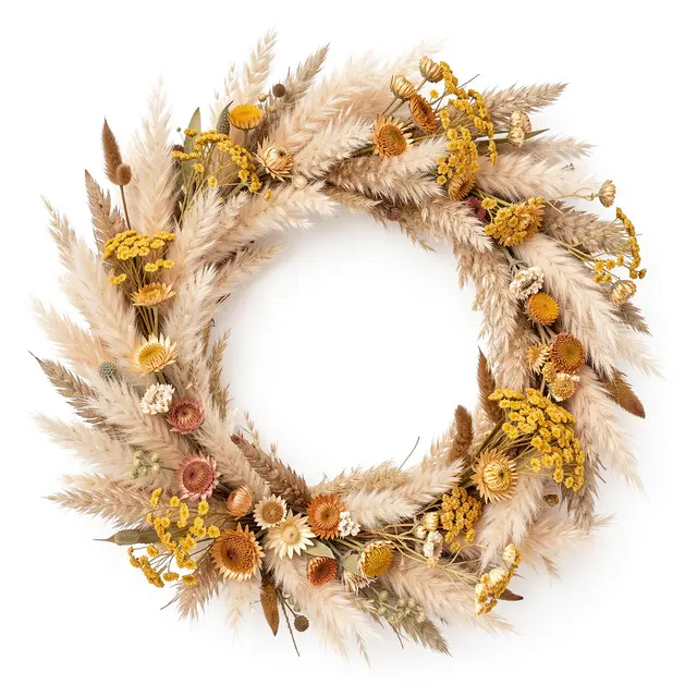 A circular dried flower wreath with pampas plumes, strawflowers and yarrow sits on a plain white background.