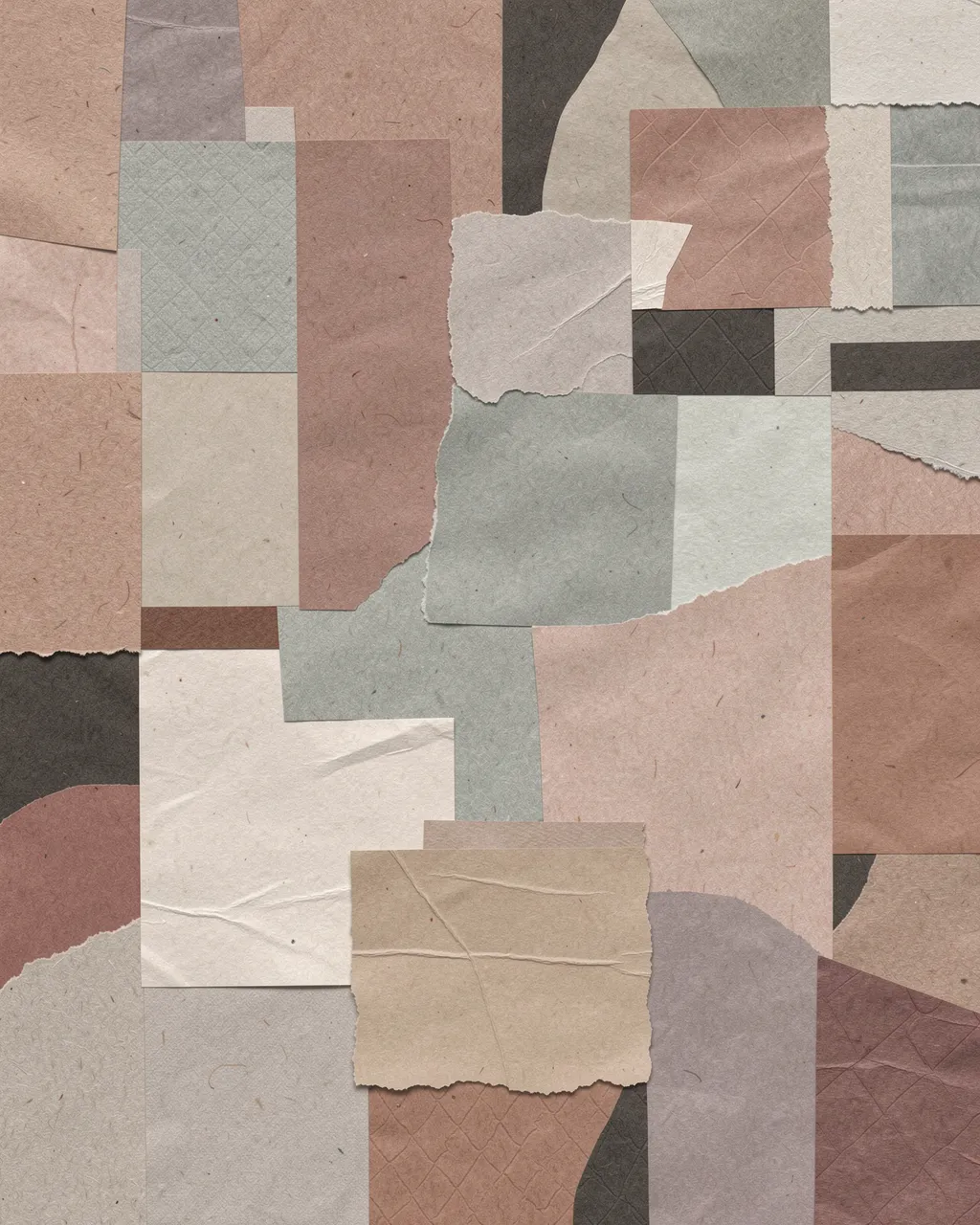 Abstract layered collage of torn, textured paper scraps in soft muted neutral tones