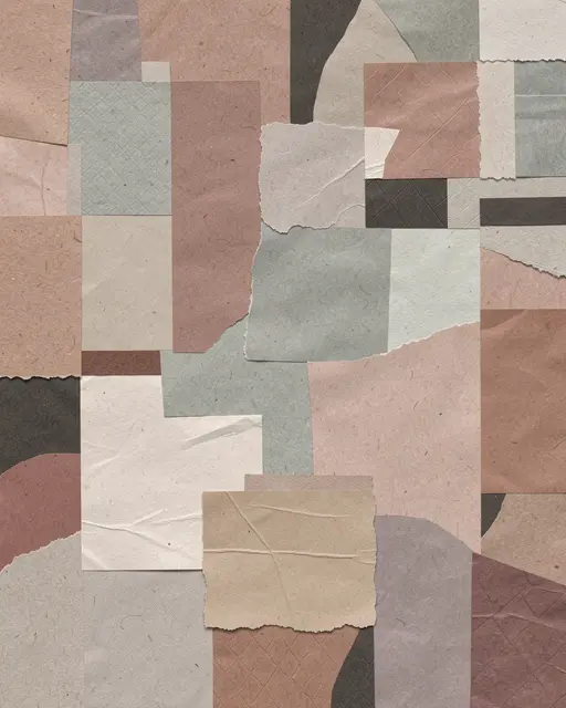 Abstract layered collage of torn, textured paper scraps in soft muted neutral tones