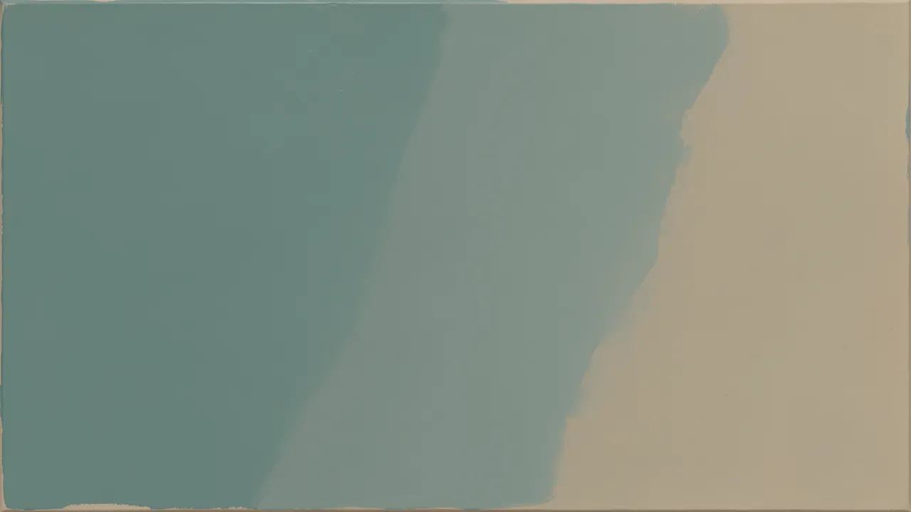 Soft-edged abstract color field painting blending muted teal and pale sand tones