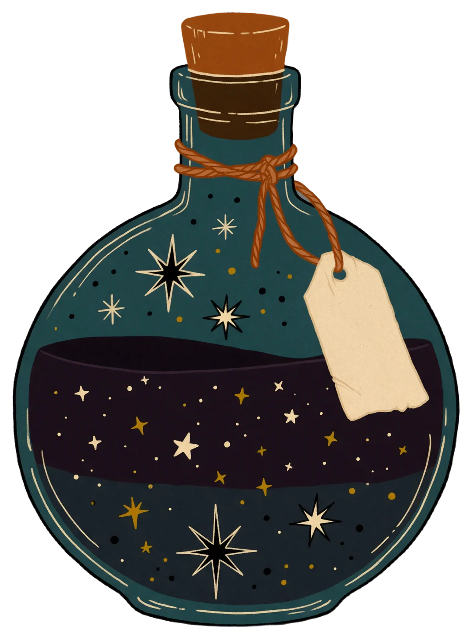 Flat folk art illustration of a round corked potion bottle with starry liquid and a blank paper tag