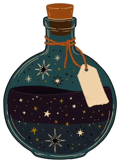 Flat folk art illustration of a round corked potion bottle with starry liquid and a blank paper tag