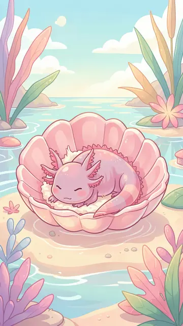 Cute pink axolotl sleeps curled in a large pastel seashell bed in a sunlit calm lagoon.