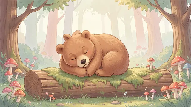A cute round brown bear sleeps curled on a mossy log surrounded by tiny mushrooms in a pastel misty forest.