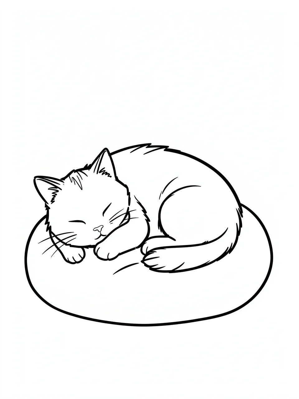 Black and white line art of a chubby cat sleeping curled on a round cushion
