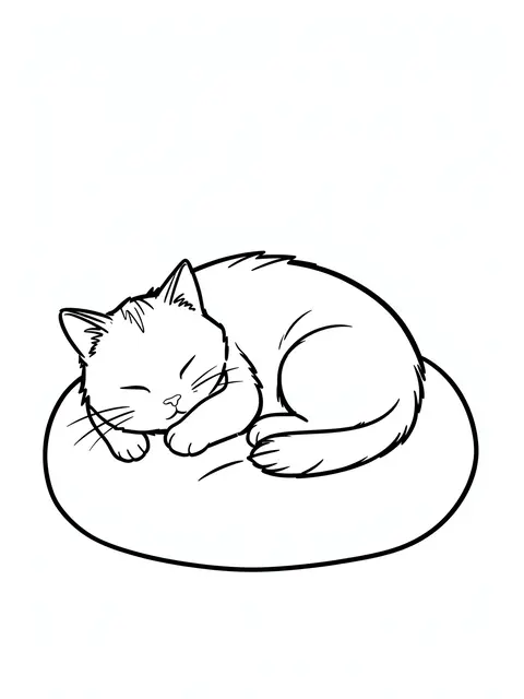 Black and white line art of a chubby cat sleeping curled on a round cushion