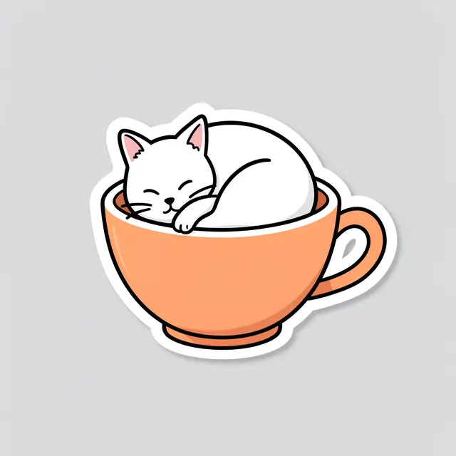 A die-cut sticker showing a white cat napping curled inside an orange teacup on a light gray background