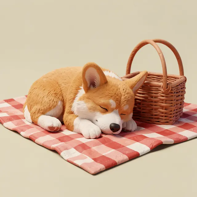 A cute 3D clay-textured corgi naps on a red gingham picnic blanket beside a wicker basket