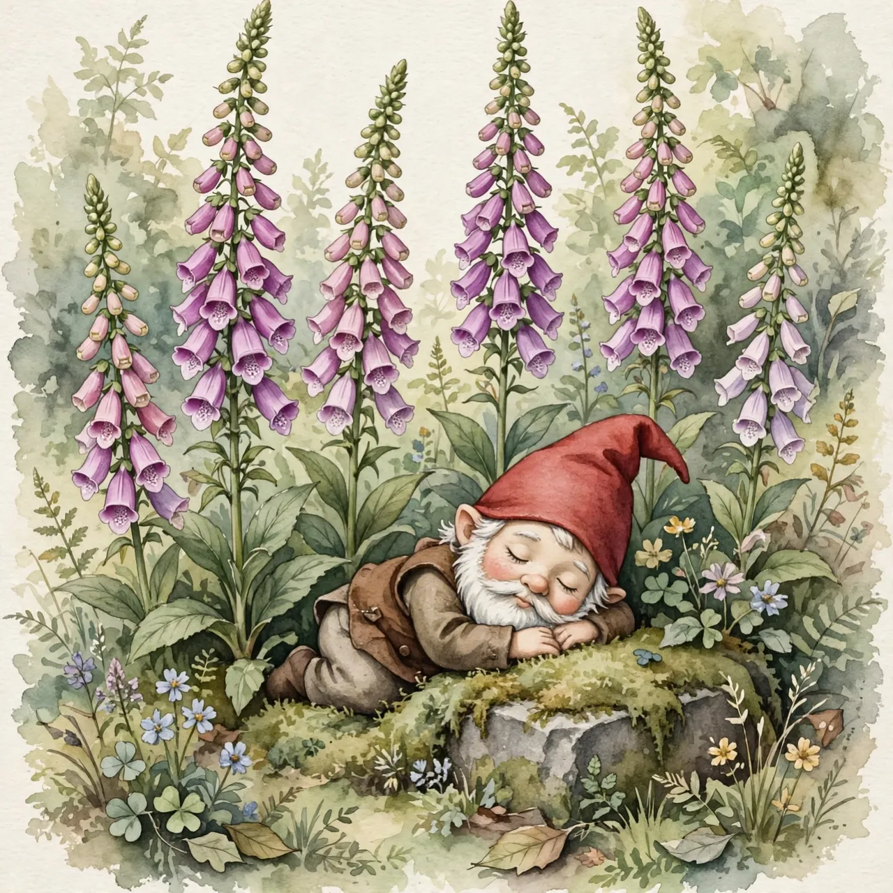 A garden gnome in a red hat sleeps on a mossy stone beside tall purple foxglove flowers in soft watercolor style.