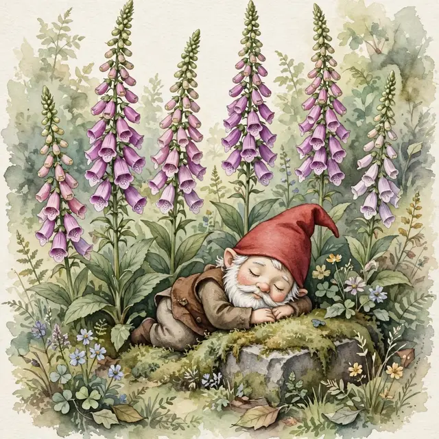 A garden gnome in a red hat sleeps on a mossy stone beside tall purple foxglove flowers in soft watercolor style.