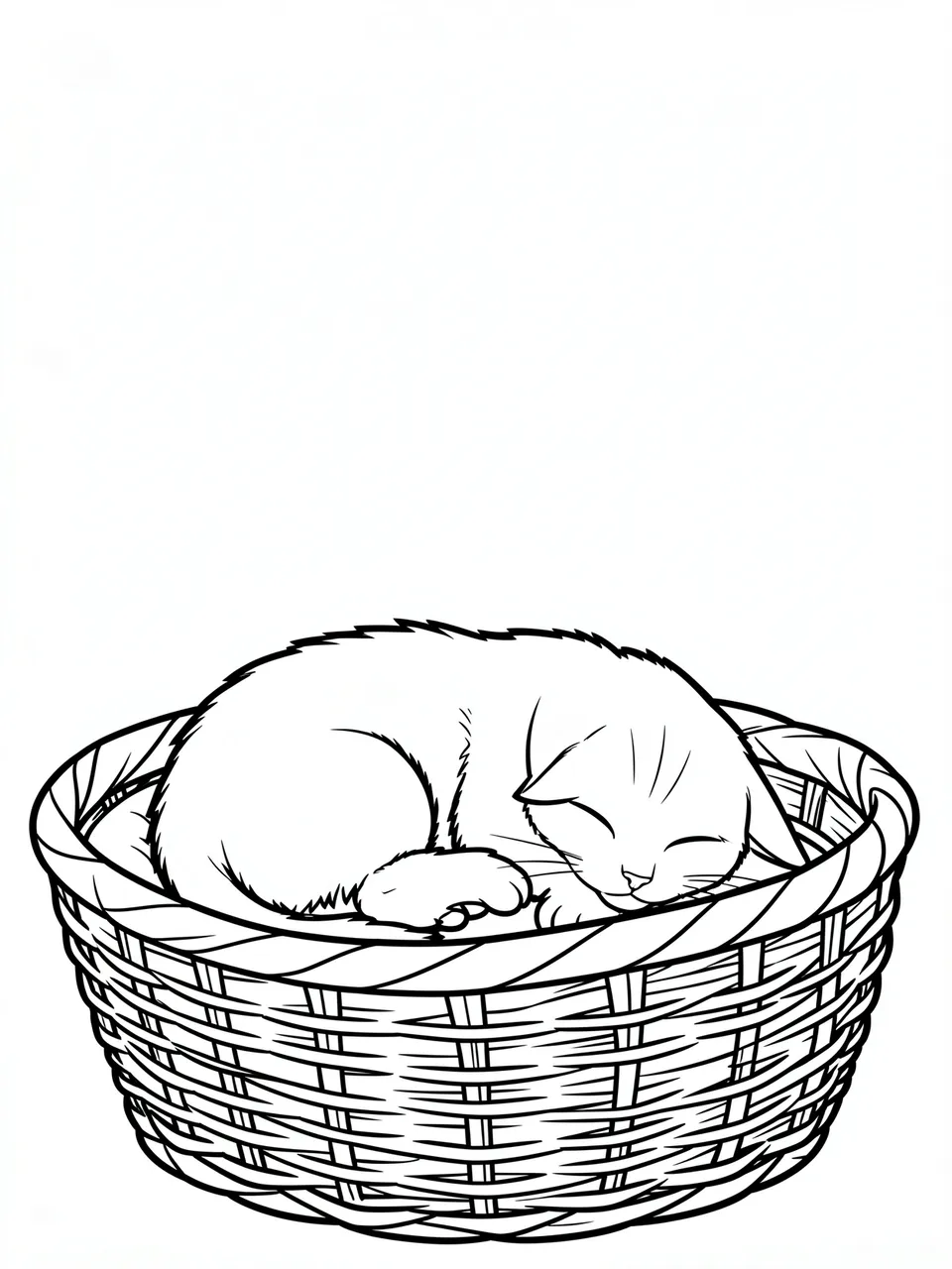 Black and white line art of a sleeping kitten curled up inside a wicker basket on a plain white background