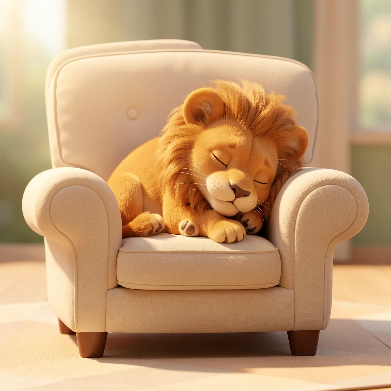 A cute round 3D baby lion sleeps peacefully curled on a sunny beige upholstered armchair