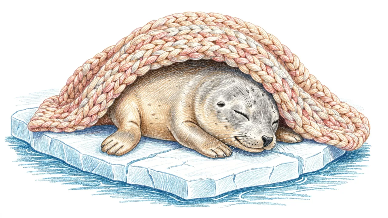 Colored pencil drawing of a sleeping seal pup resting on an ice floe under a thick knitted blanket