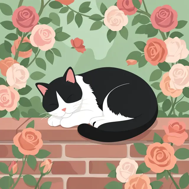 A tuxedo cat sleeps curled on a brick garden wall surrounded by pastel climbing roses.