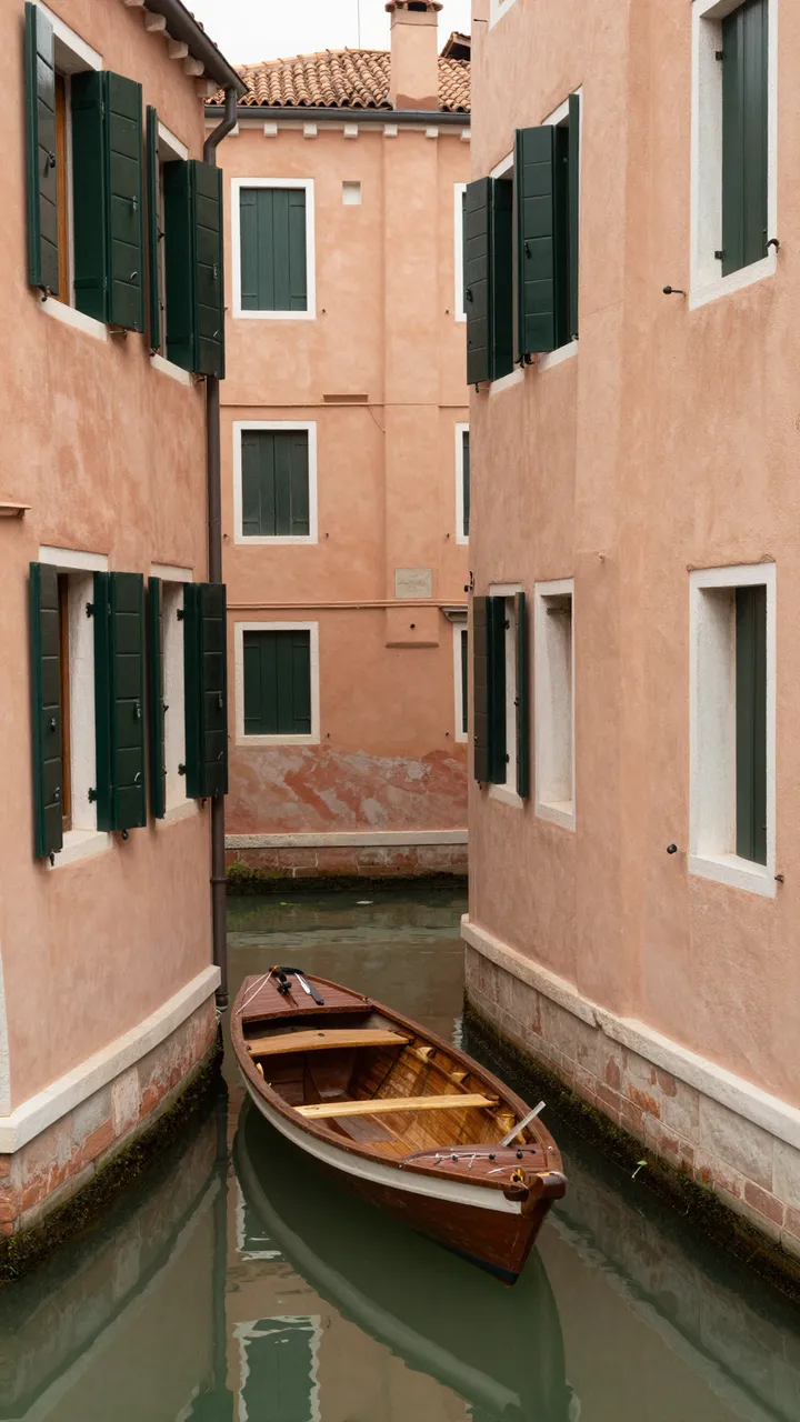 A wooden rowing skiff floats moored between ochre canal buildings with dark green shutters.