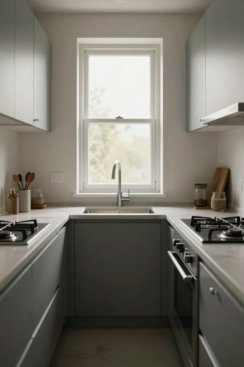 A minimalist narrow galley kitchen centered on a sink below a sunlit end window