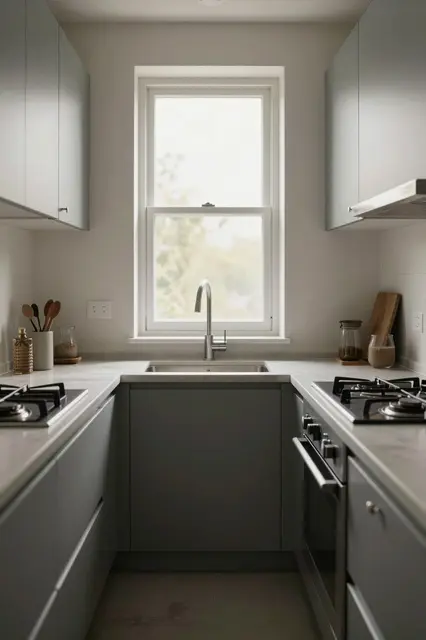 A minimalist narrow galley kitchen centered on a sink below a sunlit end window