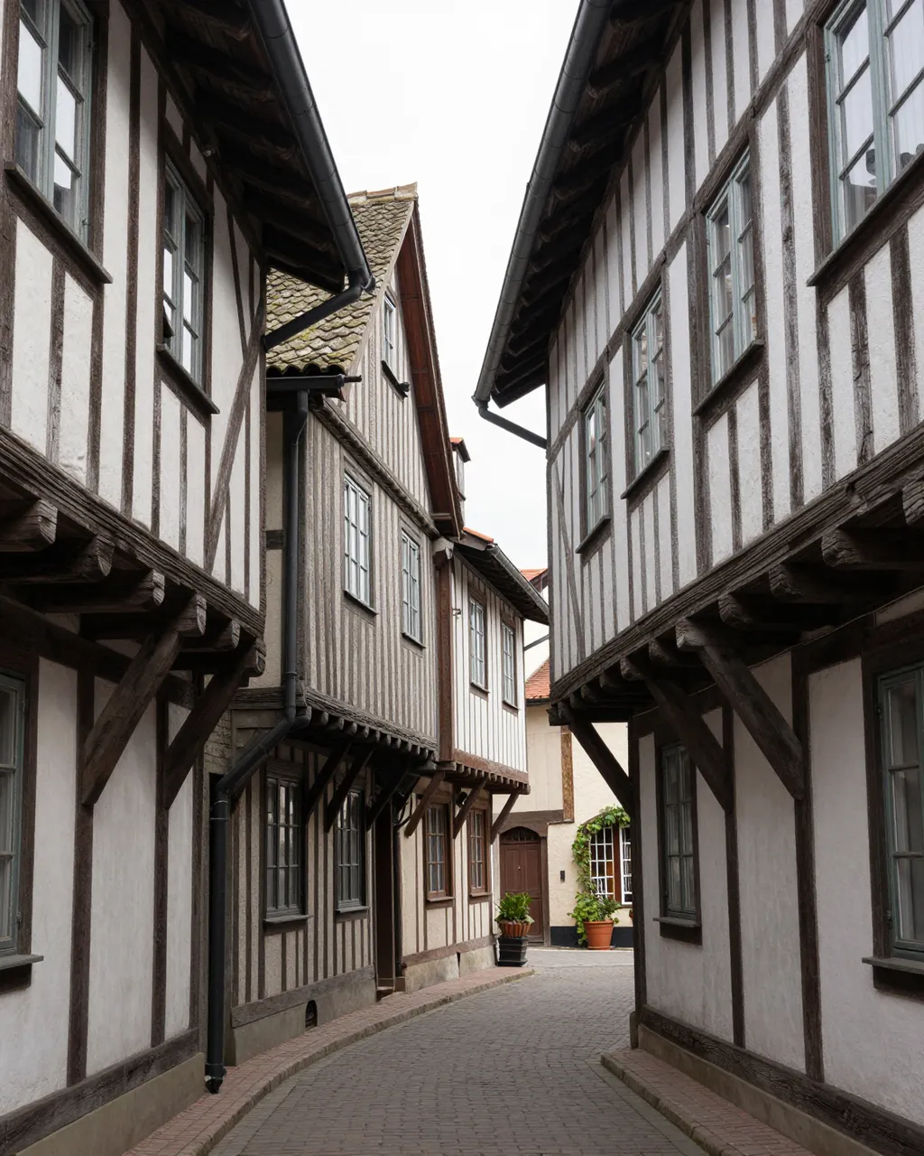 A quiet cobblestone alley winds between leaning old half-timbered houses under an overcast sky.