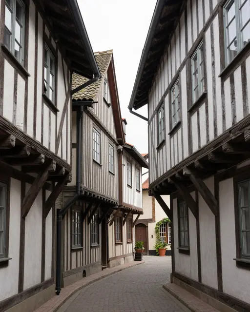A quiet cobblestone alley winds between leaning old half-timbered houses under an overcast sky.