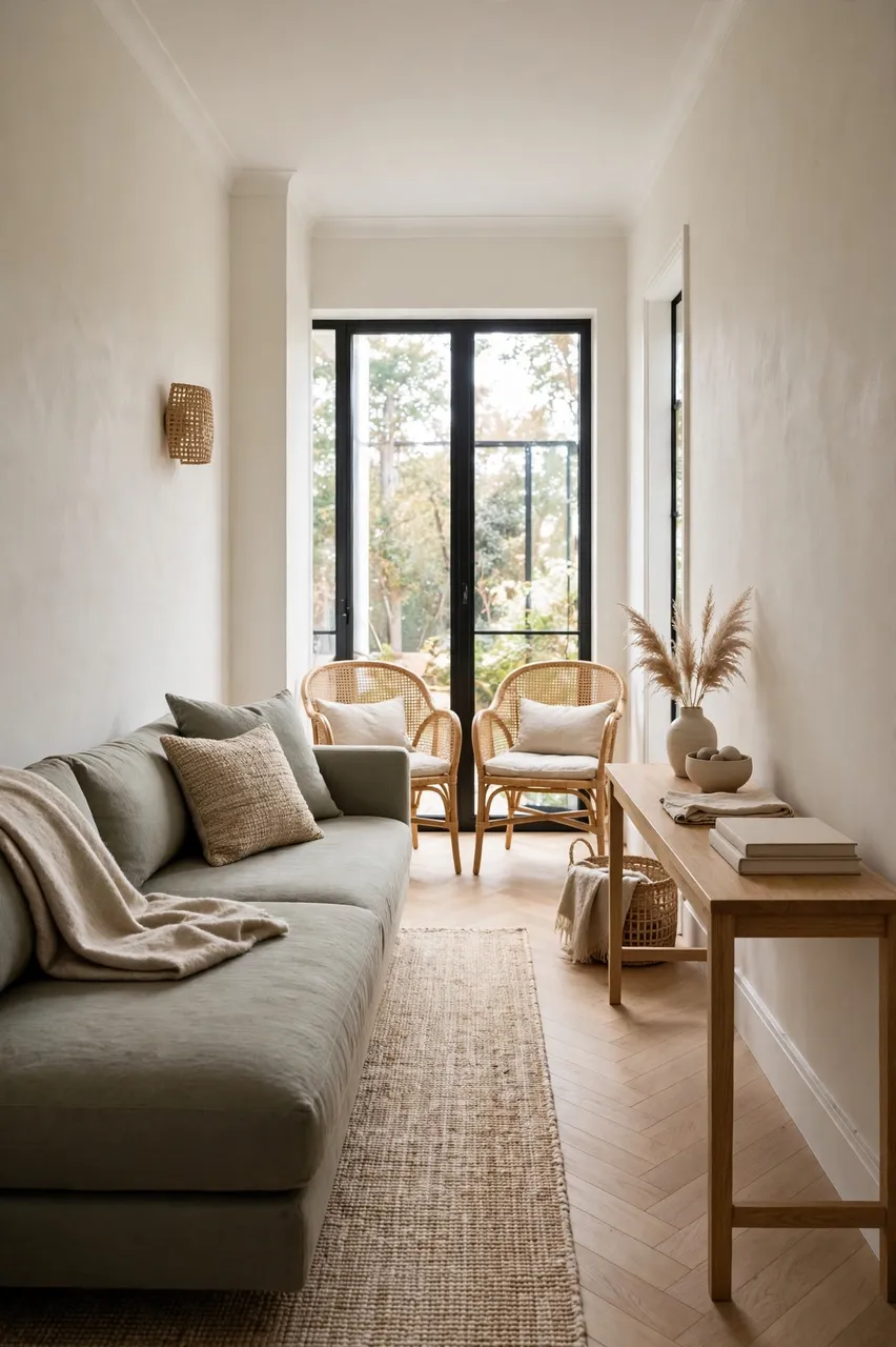 Cozy narrow modern living room with sofa, console table, and cane armchairs by black-framed windows