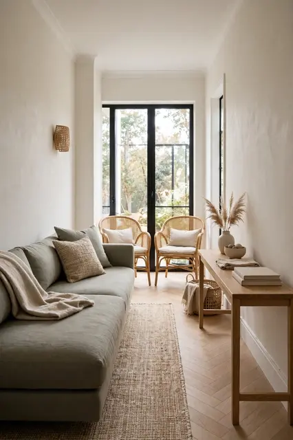 Cozy narrow modern living room with sofa, console table, and cane armchairs by black-framed windows