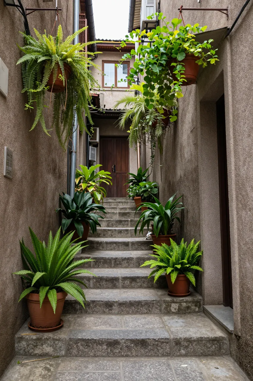 A narrow paved stone alleyway with ascending steps lined with lush potted and hanging green plants between plaster old town