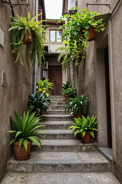 A narrow paved stone alleyway with ascending steps lined with lush potted and hanging green plants between plaster old town