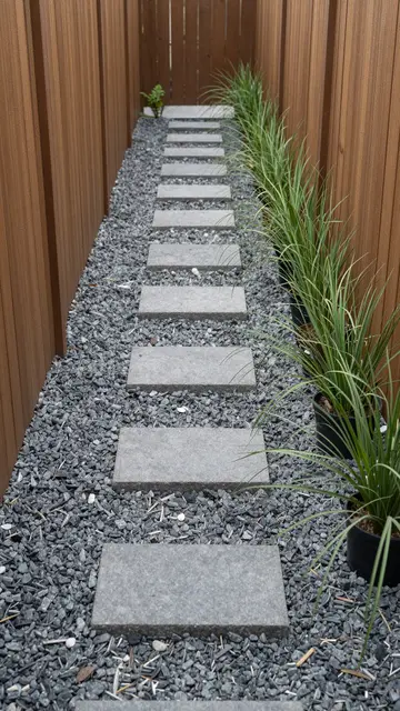 A vertical view of a gravel stepping stone path lined with potted ornamental grasses between wooden fences.