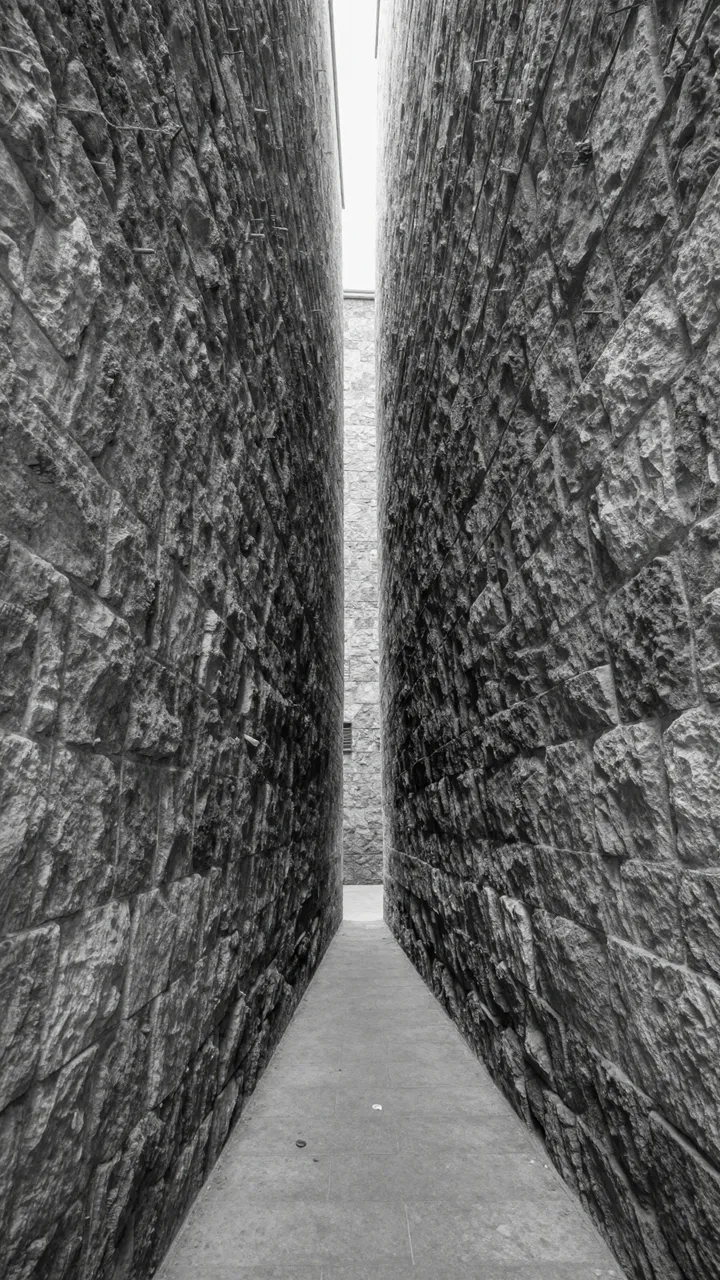 Black and white view down a narrow concrete path between tall rough stone walls