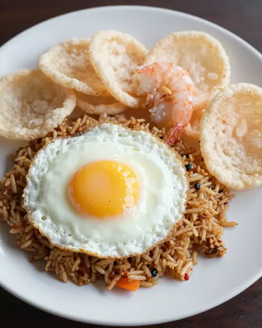 A plate of nasi goreng topped with a sunny-side-up fried egg, accompanied by prawn crackers and a cooked shrimp.