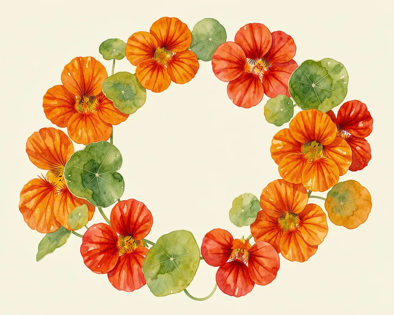 Watercolor orange and red nasturtium flowers form a round wreath around an empty cream center