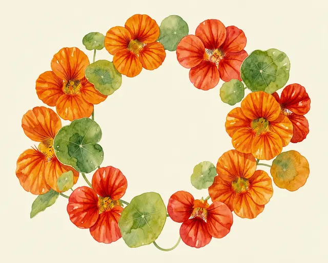 Watercolor orange and red nasturtium flowers form a round wreath around an empty cream center